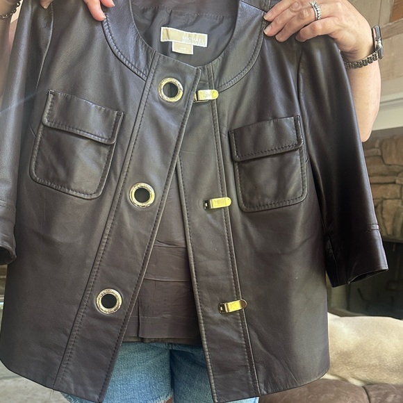 Michael Kors Dark Brown Leather Jacket with Gold Details Size XS Great Condition - Picture 1 of 4